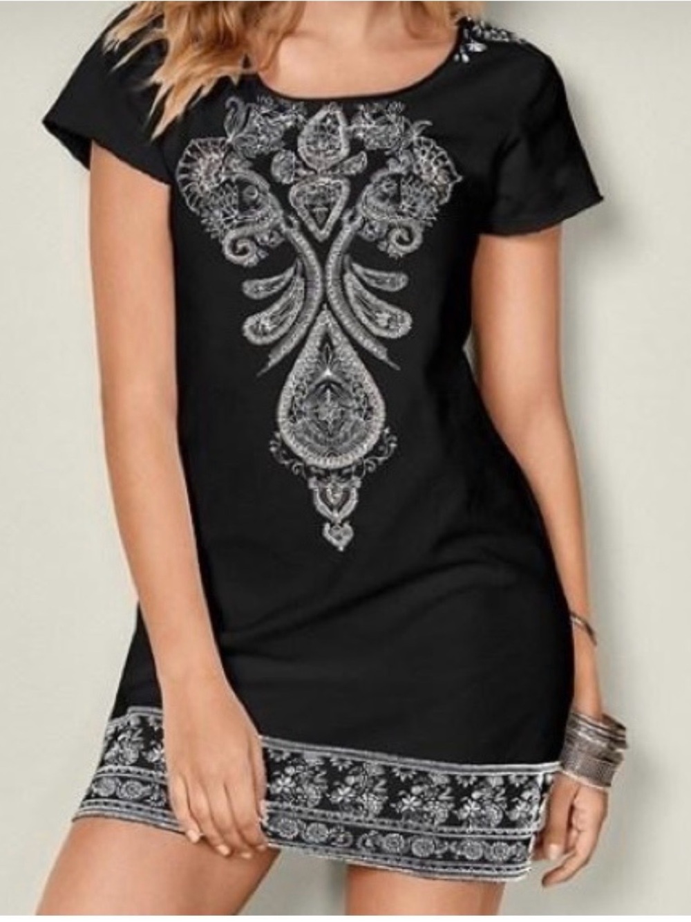 VENUS Black Short Sleeve Embroidered Tunic with Silver Accents